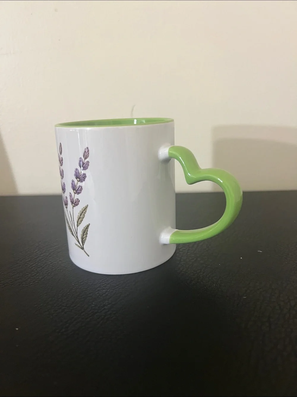 Lavender Bloom White and Green Ceramic Mug - Heart Handle